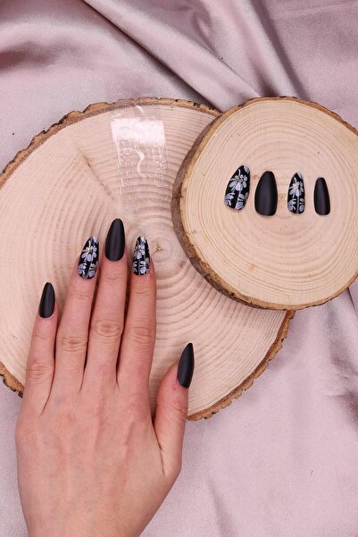 Makeuptime | 24'lü Çiçek Desenli Takma Tırnak (Siyah Renk - T58) Yeni Desen 440583