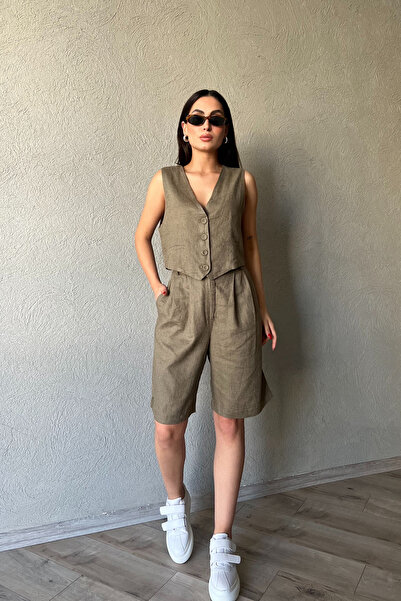 Seda Yalçın Atelier Linen Shorts - Khaki Pleat Detailed