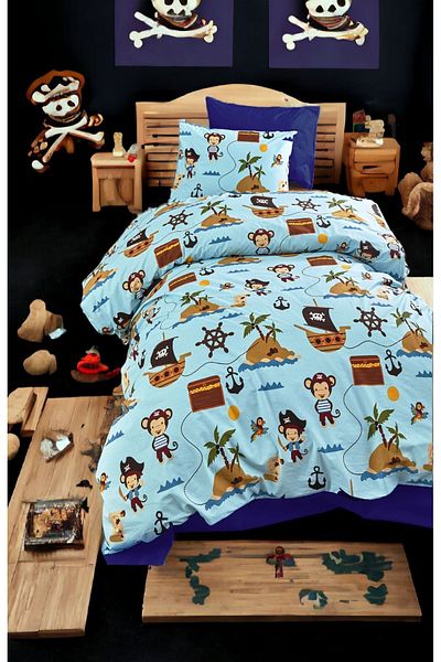MAJESTE Pirate Patterned Navy Blue Sheet with 2 Pillowcases /ranforce Single Duvet Cover Set-11244l