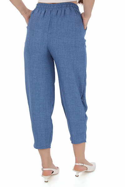 REYNEV Kadın İndigo Mavi Beli Lastikli Rahat Pantolon Yüksek Bel Ince Yeni Sezon Yazlık Pantolon