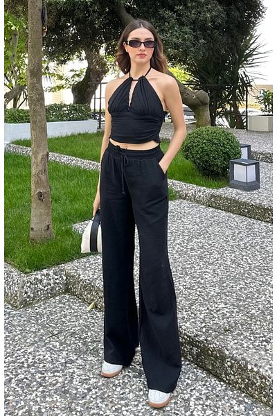 Laluvia Musselin-Set - Schwarze, kurze Hose
