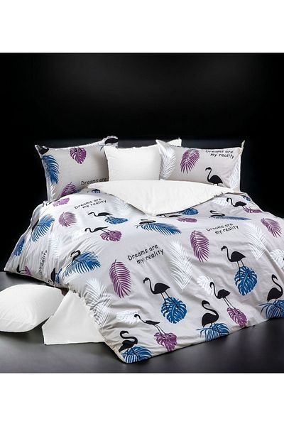 MAJESTE Flamingo Pelican Patterned White Sheet with 4 Pillowcases / Ranforce Double Duvet Cover Set