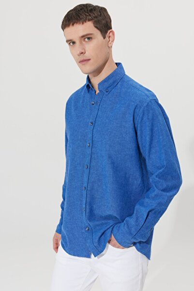 ALTINYILDIZ CLASSICS Navy Blue Linen Men's Shirt - Comfortable Fit, Buttoned Collar