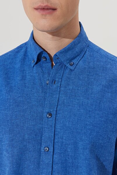 ALTINYILDIZ CLASSICS Navy Blue Linen Men's Shirt - Comfortable Fit, Buttoned Collar