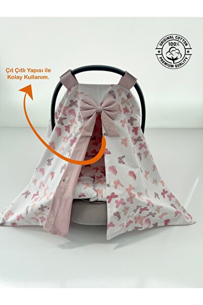 Jaju Baby Pudra Kelebek Tasarım Puset Örtüsü Ve Puset Minderi Set
