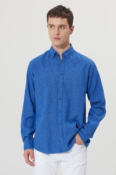 ALTINYILDIZ CLASSICS Navy Blue Linen Men's Shirt - Comfortable Fit, Buttoned Collar