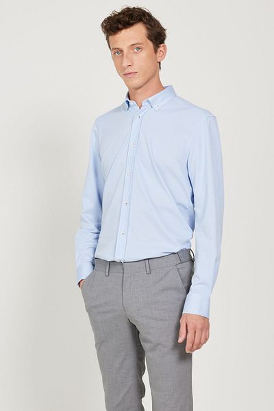 AC&Co / Altınyıldız Classics Cămașă pentru bărbați din in albastru deschis - Croială confortabilă, guler cu nasturi, Dobby