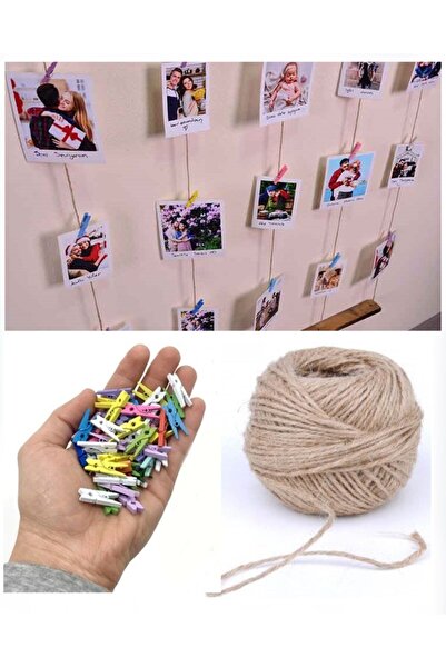 Kezban Tekstil Naturel Jüt Ip 100 Metre Ve 100 Adet Renkli Mini Fotoğraf Mand...