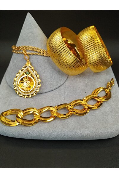 barisiva gold 22 Ayar Altın Kaplama Kadın 2 Ad Bilezik 4 cm 1 Ad Kolye Set