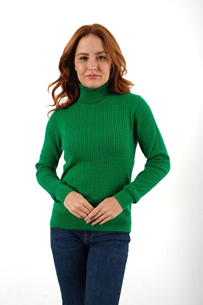 Trist Star Green Turtleneck Hair Braided Knitwear Blouse - 100% Organic Cotto...