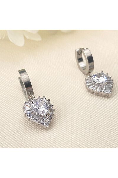 Kyver Heart Earrings Diamond Model Drop Heart Zircon Stone Dangle Tarnish Free Steel Silver