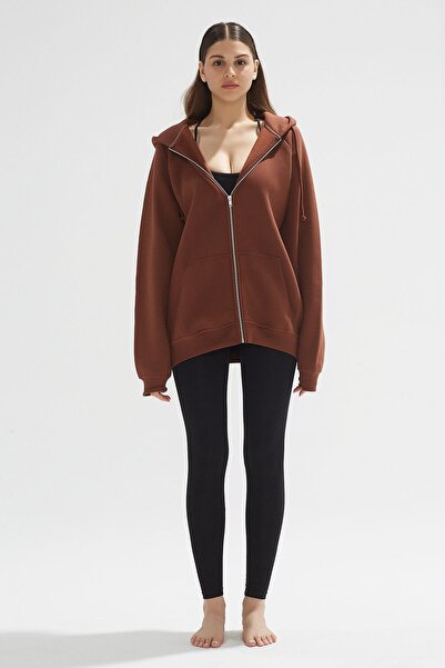 Comm-Ci Кафяв плетен суитшърт с качулка и 3 нишки с цип Ela