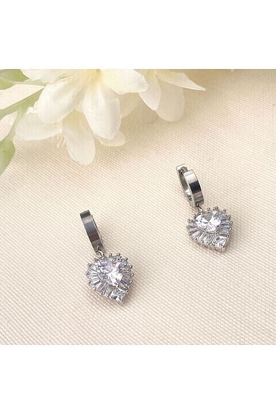 Kyver Heart Earrings Diamond Model Drop Heart Zircon Stone Dangle Tarnish Free Steel Silver