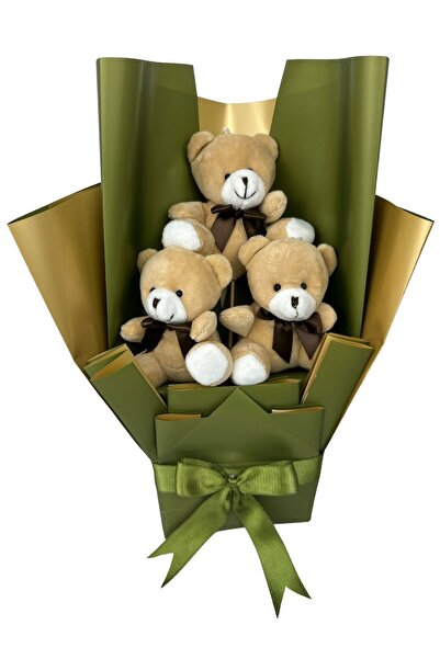 Genel Markalar Yeşil Kahverengi Temalı 3lü Mini Sevimli Ayıcık Buketi