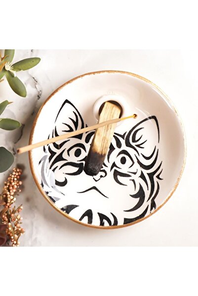 Mitr Kedi Temalı Beyaz El Yapımı Palo Santo (ağaç) Tütsülük
