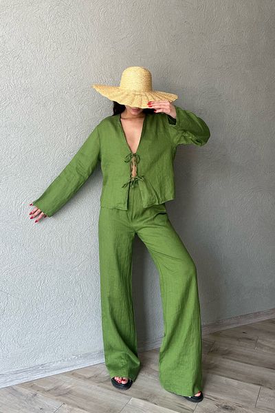 Seda Yalçın Atelier Linen Trousers - Green, Waist Lacing Detail