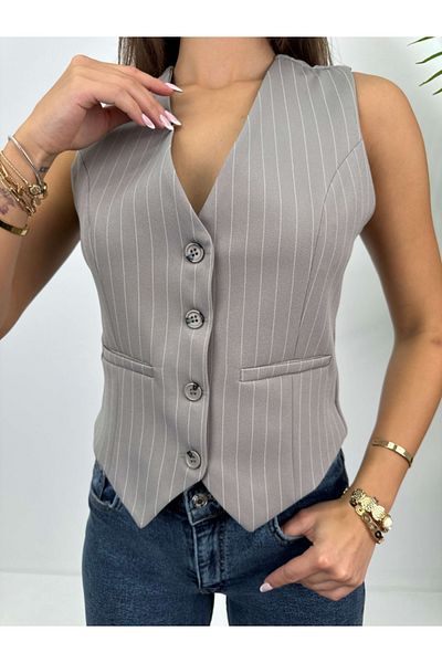 Elif Özbey Butik Dark Gray Striped Vest - Stylish and Comfortable