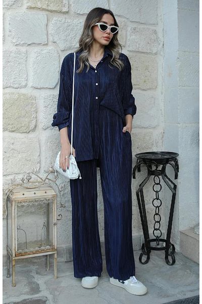 My Blog Navy Blue Pleated Shirt and Pants Set