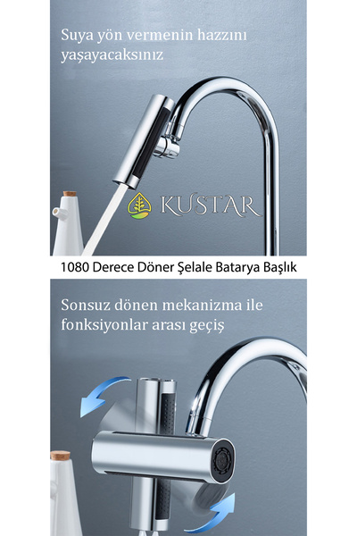 KUSTAR Krom Tasarruflu 4 Modlu Şelale Ayarlanabilir Musluk Başlığı Mutfak Eviye Bataryası Lavabo Bataryası