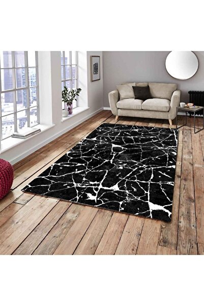 MEKA TEKSTİL Black Marble Silk Velvet Rubber Carpet Cover