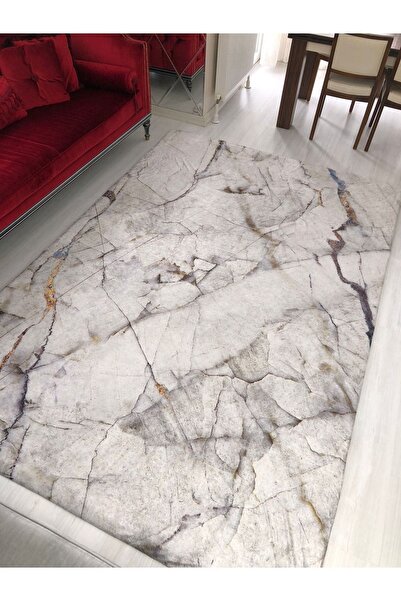 MEKA TEKSTİL White Marble Model Silk Velvet Elastic Carpet Cover