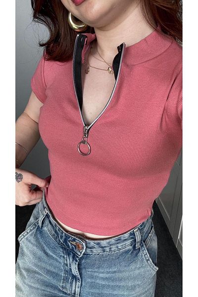 Touz Moda Κοτλέ Crop Μπλούζα - Λεπτομέρεια με φερμουάρ