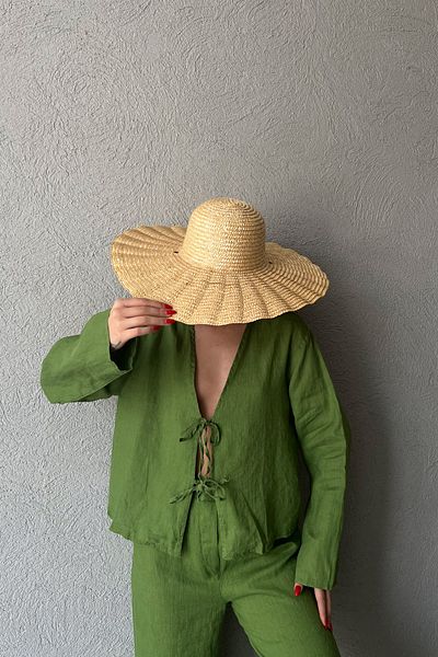 Seda Yalçın Atelier Linen Blouse - Green with Tie-Up Detail on the Front