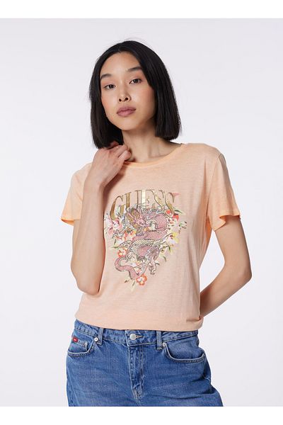 Guess Tricou portocaliu pentru damă cu gât crew W4GI50K9SN1-F3F9