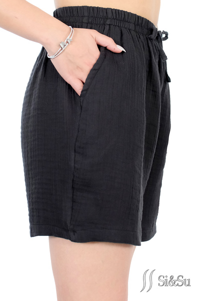 Si&Su Women's Muslin Fabric - Comfortable Cut, Pocket, Lace-up, Elastic Waist Loose Shorts