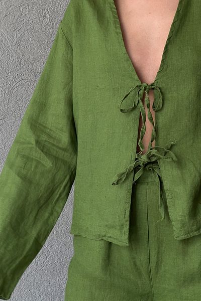 Seda Yalçın Atelier Linen Blouse - Green with Tie-Up Detail on the Front