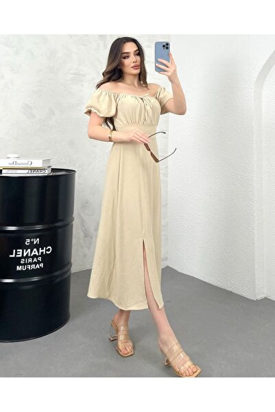 HARMONY GLOBAL Krem Yırtmaçlı Ayrobin Kumaş Önü Bağcıklı Midi Boy Elbise 5912