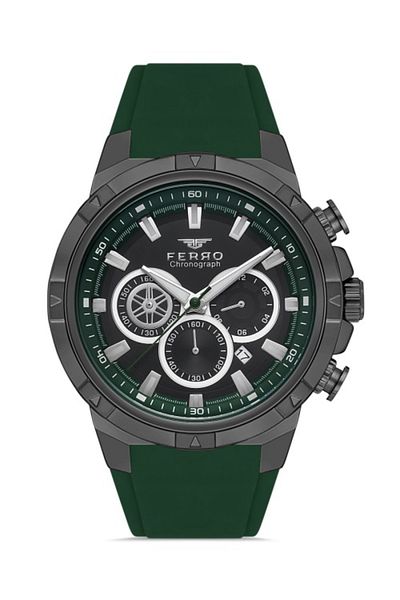 FERRO Men's Wristwatch - Quartz Silicone, Green Black, 47mm, Dial Chron