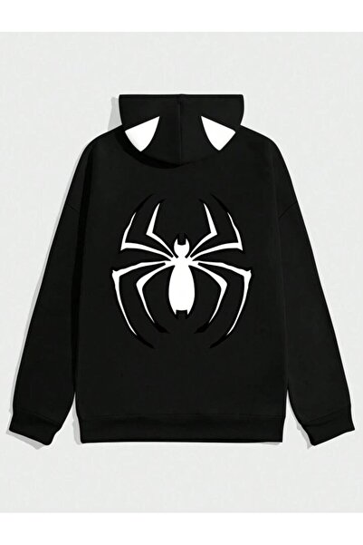 Toum Unisex Φούτερ με μαύρη κουκούλα - Spider Printed, Fashion Dompuleri