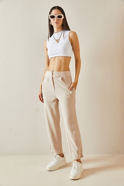 XHAN High Waist Beige Trousers - Buttoned Leg 5YXK5-48603-25