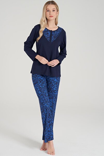 Pijadore Navy Blue Long Sleeve Large Size Women's Pajamas Set - C3T2N6O1