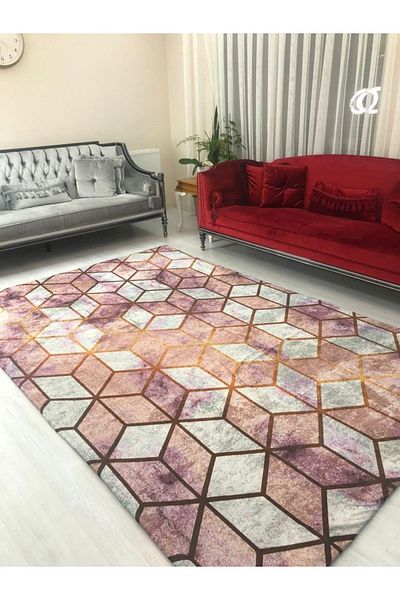 MEKA TEKSTİL Pink Pyramid Model Silk Velvet Elastic Carpet Cover