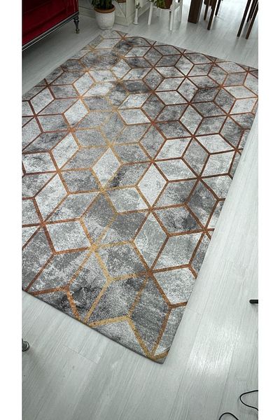 MEKA TEKSTİL Gray Pyramid Pattern Silk Velvet Elastic Carpet Cover