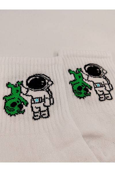 Shuttle Park Unisex Comics Fashion - White Alien Patterned Astronaut College Socks