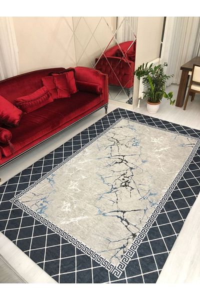 MEKA TEKSTİL New Navy Blue Pyramid Model Elastic Velvet Carpet Cover