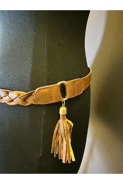 Gönülden Tasarım 105x2 cm Μοντέλο Καφέ Πλεκτή Γυναικεία Ζώνη με Φούντες