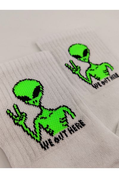 Shuttle Park Unisex Comics Fashion - Written White Space Alien Patterned College Socks
