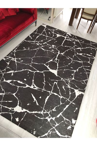 MEKA TEKSTİL Black Marble Silk Velvet Rubber Carpet Cover
