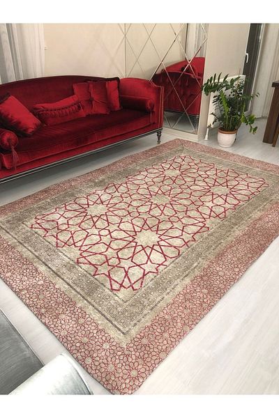 MEKA TEKSTİL Pink Tile Model Silk Velvet Elastic Carpet Cover