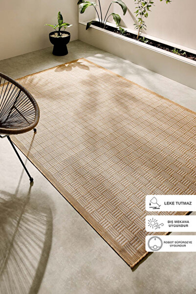 Ocean Home Textile Leke Tutmaz Iç Dış Mekan Bej Renk Hasır Desenli Halı Kilim