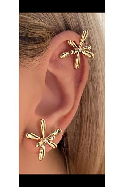 Aylish Bijuteri أقراط ذهبية اللون بتفاصيل حجر الزهرة