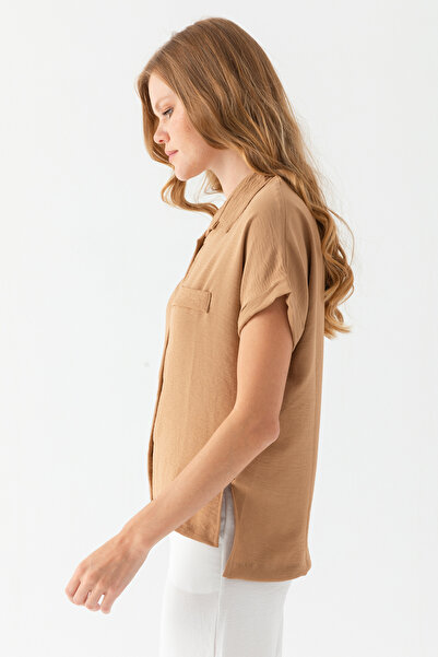 EtkiModa Ανοιχτό καφέ γυναικείο πουκάμισο - διπλό μανίκι, Aerobin, κοντομάνικο