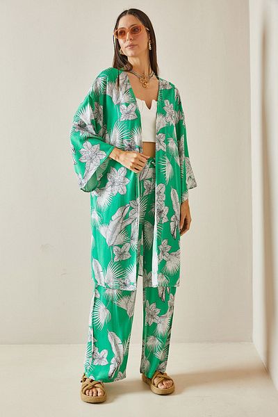 XHAN Green Floral Patterned Kimono Set - 5YXK8-48600-08