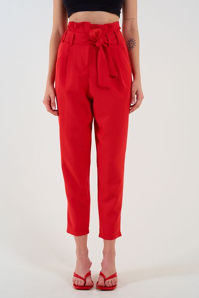 LOOSH Red High Waist Belted Women's Pleated Pants