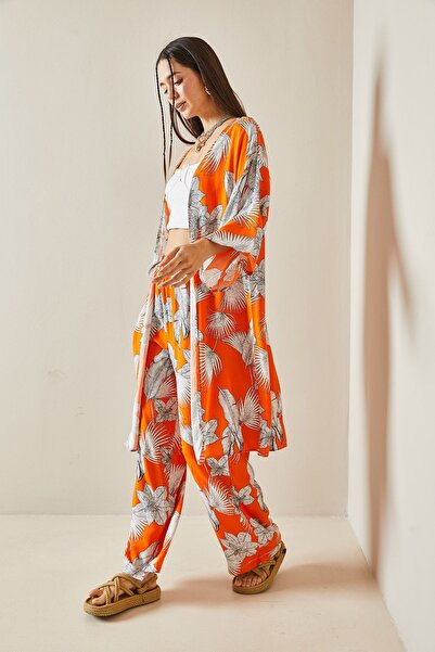 XHAN Turuncu Çiçek Desenli Kimono Takım 5YXK8-48600-11