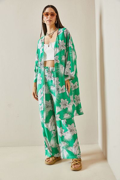 XHAN Green Floral Patterned Kimono Set - 5YXK8-48600-08